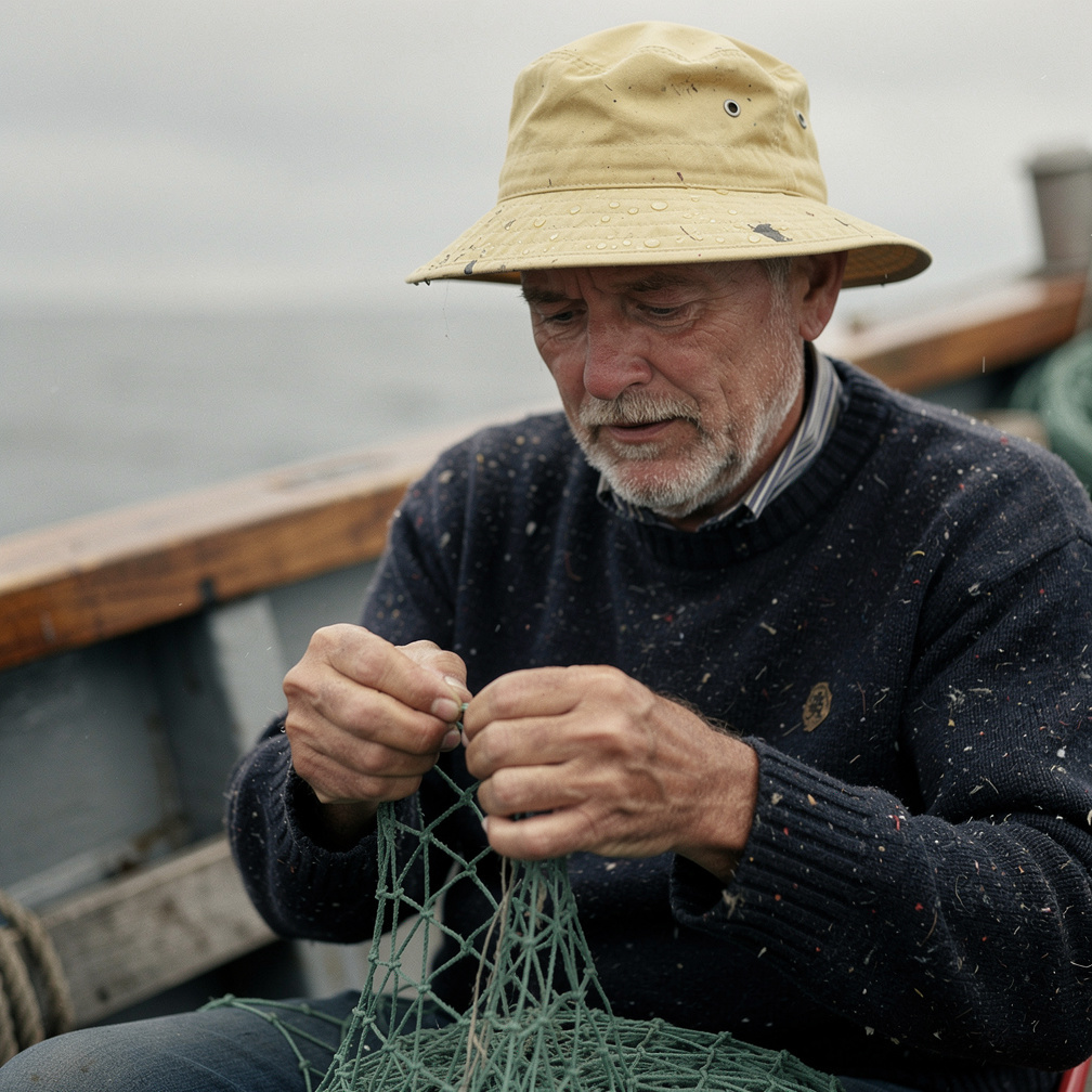 Elderly Danish fisherman mending nets on a boat
