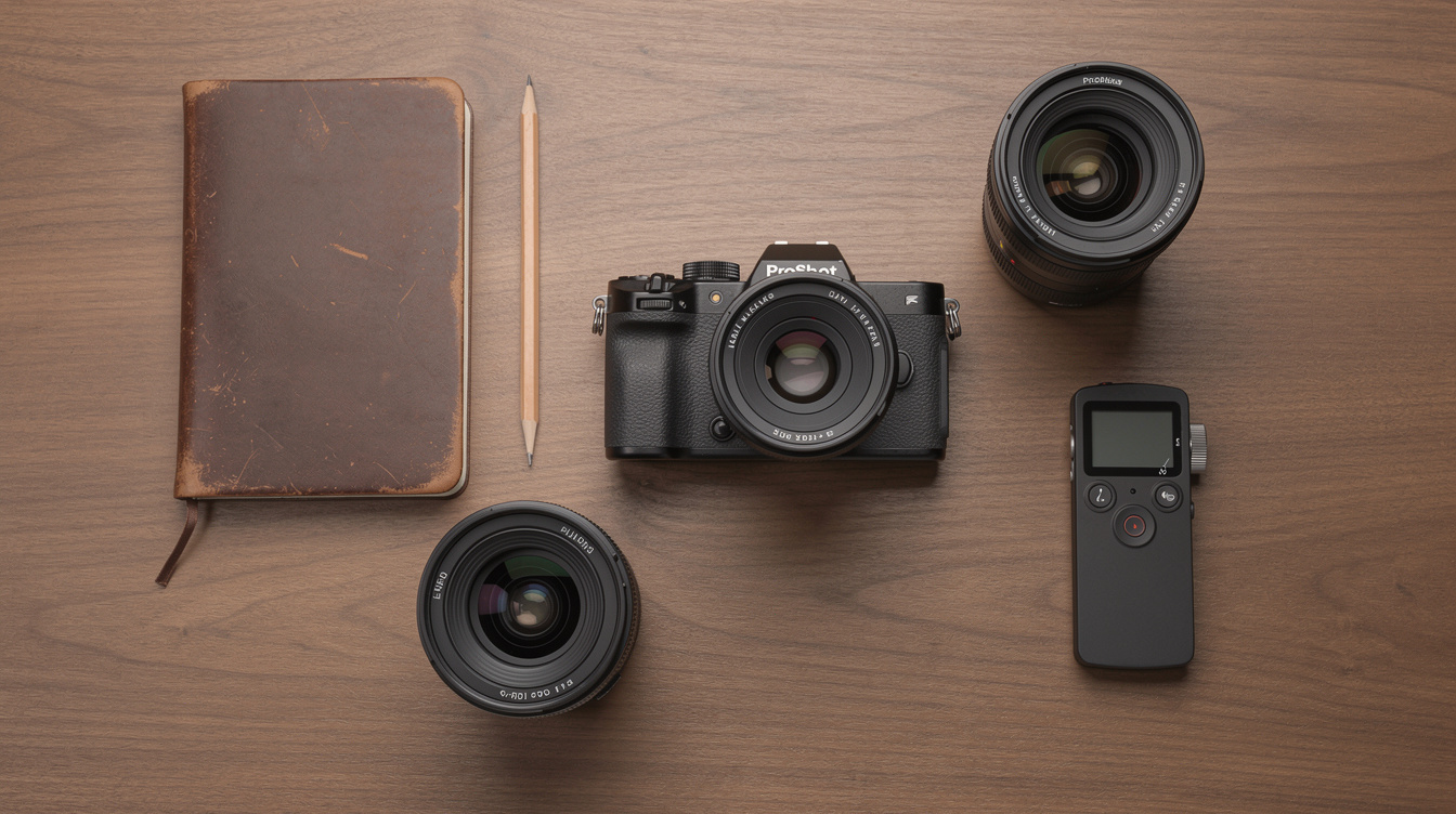 Flat lay of documentary photography camera equipment